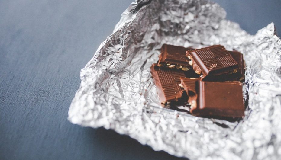 Chocolate pieces on aluminum foil